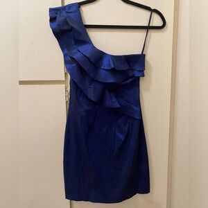 Lette XS / Small Blue Metallic Asymmetrical One Strap Ruffle Accent Mini Dress